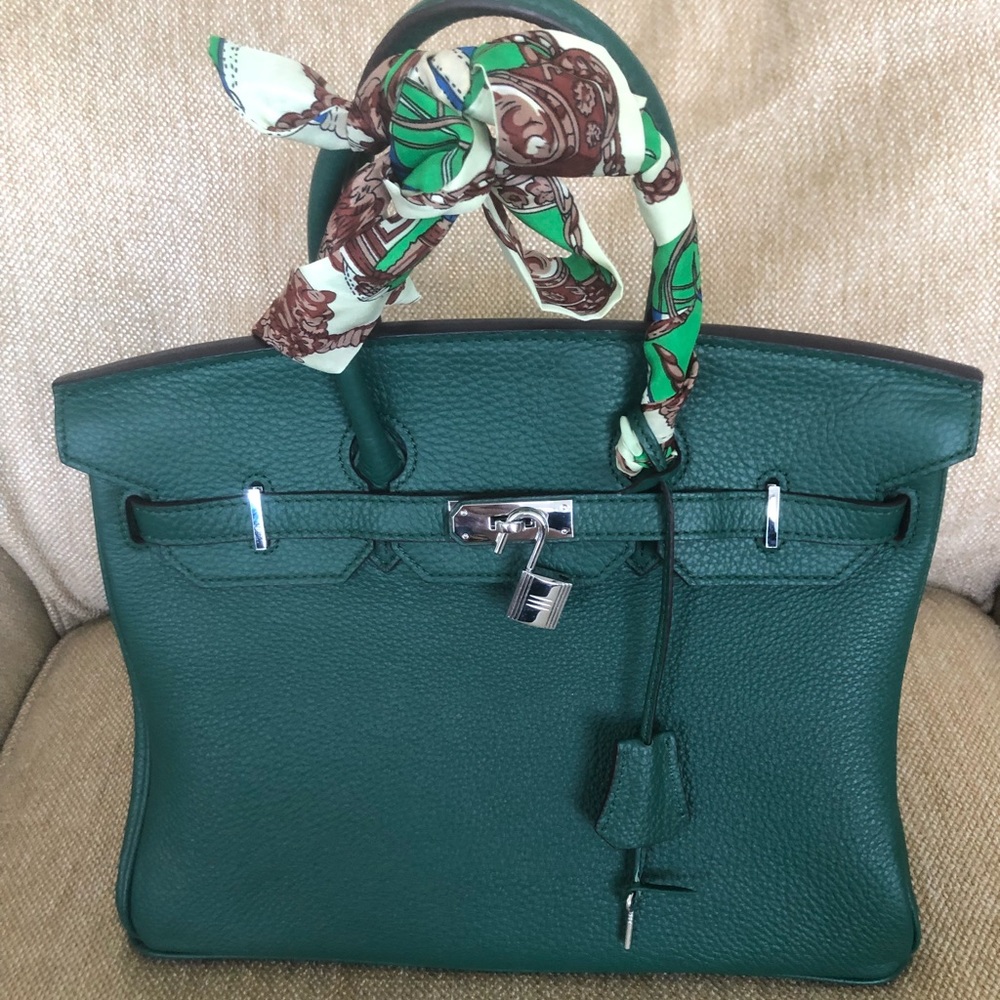 New condition, dark green tote with accent scarf.